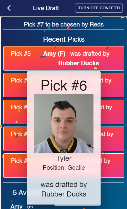 Live draft pick screen in OutScore